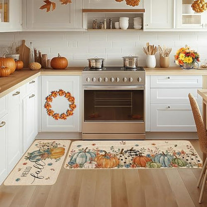 Baccessor Fall Kitchen Rugs Set of 2, Blue Pumpkins Floral