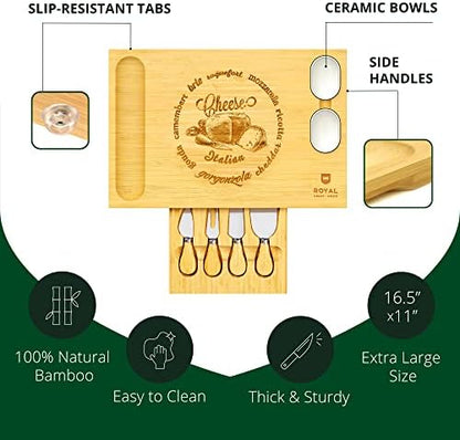 ROYAL CRAFT WOOD Bamboo Cheese Board and Knife Set with Charcuterie Board & Serving Tray with 4 Stainless Steel Knife & Thick Wooden Server with Bowls and Serveware Accessories
