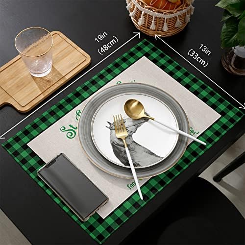 St. Patrick's Day Placemats Set of 6, Farm Buffalo Plaid Truck Shamrock Clover Cotton Linen Heat Resistant Table Mats Washable Spring Holidays Decorations For Kitchen Dining Table Green Black