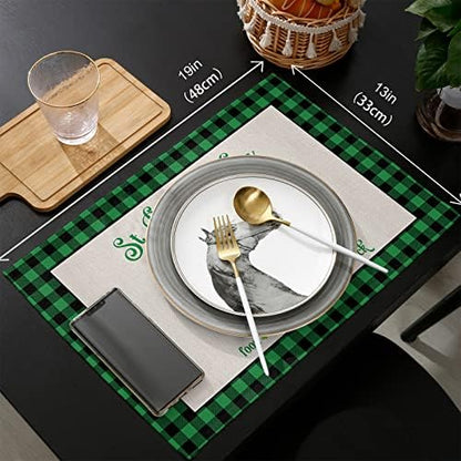 St. Patrick's Day Placemats Set of 6, Farm Buffalo Plaid Truck Shamrock Clover Cotton Linen Heat Resistant Table Mats Washable Spring Holidays Decorations For Kitchen Dining Table Green Black