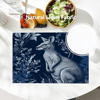 Batmerry Cute Kangaroo Linen Placemats Set of 4, Navy Blue with Plants Washable Table Mats for Kitchen Table Thickened Heat Insulation Dining Set Indoor Outdoor 12X18 in