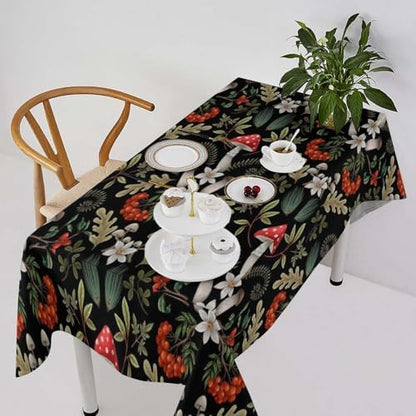 Autumn Mushroom Tablecloth, Rustic Vintage Farmhouse Mushrooms Fern Berries Leaves Botanical Print Table Cover for Outdoor Party Picnic Kitchen Dinning Table Decor 55x75in