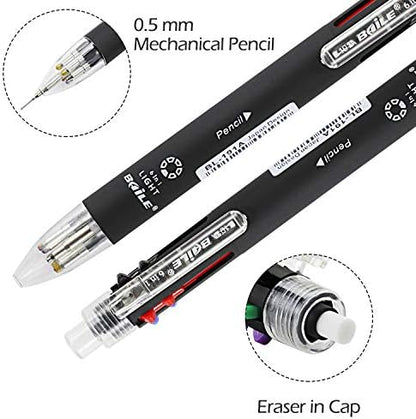 Baile 6 in 1 Multifunctional Ballpoint Pens 5 Colors 0.7 mm Ballpoint Pen and 0.5 mm Mechanical Pencil in One Pen, Pack of 5