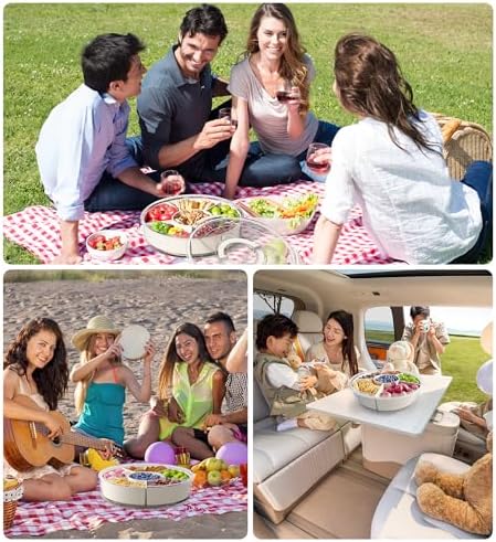Divided Rotating Serving Tray with Lid and Handle, Portable Snackle Box for Fruits Snacks Veggie Charcuterie, Clear Lazy Susan Organizer and Fridge Storage Container for Adults Child (1PCS,12" L