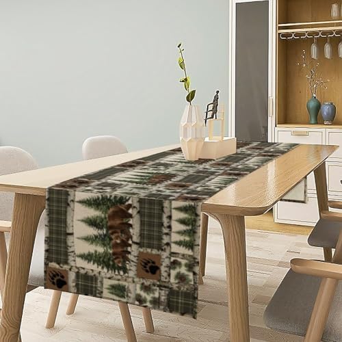 Vintage Rustic Cabin Moose Deer Bear Table Runner, Retro Bear Cottage Country Style Cabin Farmhouse Dinner Runner for Home Kitchen Dining Table Decoration 13"x120"
