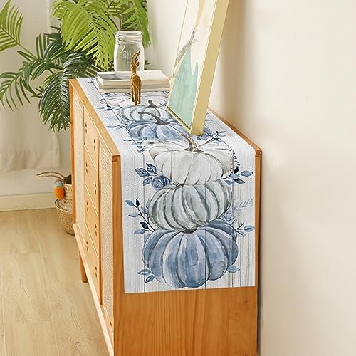 Fall Table Runner Blue Pumpkin Table Runners Harvest Thanksgiving White Blue Pumpkins Wooden Cotton Linen Dresser Scarf Kitchen Dining Table Decor for Autumn Holiday Party Coffee 13x90 Inch