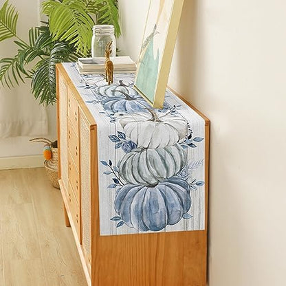 Fall Table Runner Blue Pumpkin Table Runners Harvest Thanksgiving White Blue Pumpkins Wooden Cotton Linen Dresser Scarf Kitchen Dining Table Decor for Autumn Holiday Party Coffee 13x90 Inch