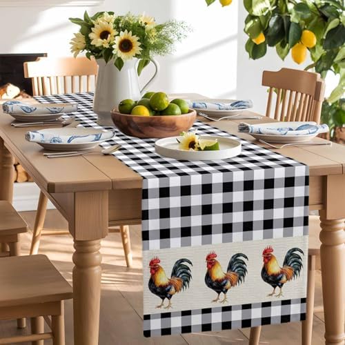Farm Animals Chicken Table Runner Dresser Scarf 13 x 108 Inch Black White Buffalo Plaid Linen Table Runners Non-Slip Heat Resistant Kitchen Dining Table Decor for Home Holidays Indoor Outdoor