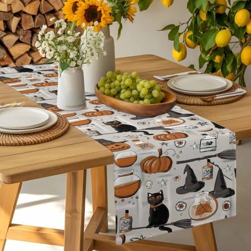 Vintage Style Table Runner Dresser Scarf 13 x 108 Inch Halloween Black Cat Orange Pumpkin Witch Hat Table Runners Non-Slip Heat Resistant Kitchen Dining Table Decor for Home Holidays Indoor Outdoor
