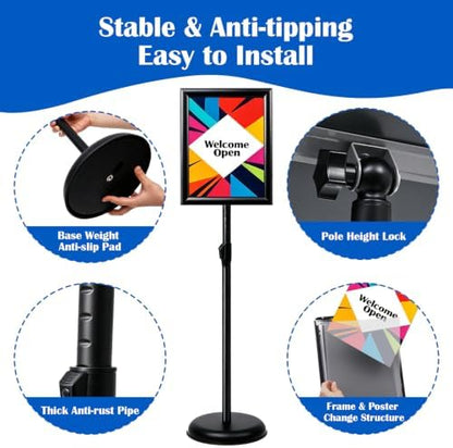 YIYO Adjustable Pedestal Poster Sign Stand,8.5 x 11 Advertising Business Menu Sign Holder for Floor Standing with Aluminum Snap-Open Reusable Frame,Black (8.5 x 11)