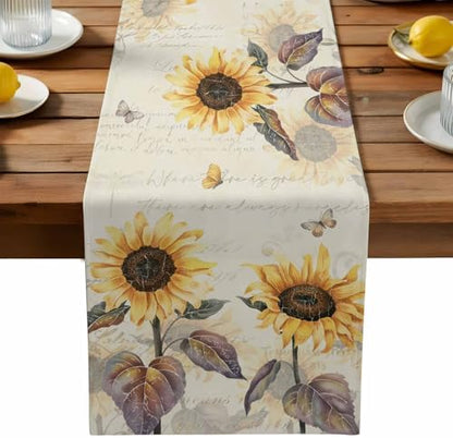 Farmhouse Sunflower Table Runner Dresser Scarf 13 x 108 Inch Vintage Yellow Flower Butterfly Botanical Table Runners Non-Slip Heat Resistant Kitchen Dining Table Decor for Home Holidays Indoor Outdoor