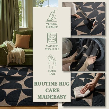 Lahome Semi Circle Easy Jute Black Runner Rug, 2x8 Washable Kithcen Runner
