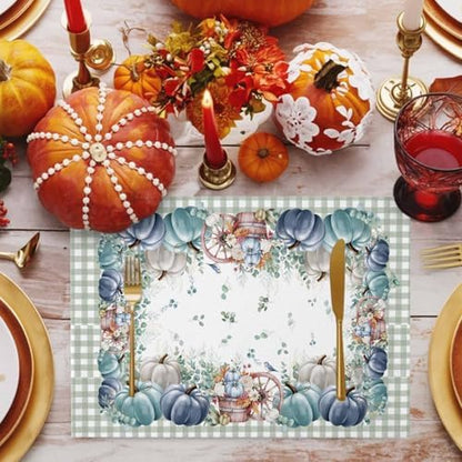Fall Thanksgiving Placemat, Navy Blue Pumpkins Green Eucalyptus Leaves Heat Resistant Washable Table Place Mats Sage Farmhouse Plaid Table Linens Decor for Home Kitchen Dining Outdoor Indoor