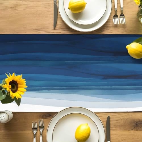 Blue White Ombre Table Runner Dresser Scarf 13 x 72 Inch Abstract Gradient Ocean Waves Modern Stripe Table Runners Non-Slip Heat Resistant Kitchen Dining Table Decor for Home Holidays Indoor Outdoor