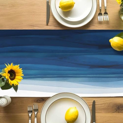 Blue White Ombre Table Runner Dresser Scarf 13 x 72 Inch Abstract Gradient Ocean Waves Modern Stripe Table Runners Non-Slip Heat Resistant Kitchen Dining Table Decor for Home Holidays Indoor Outdoor