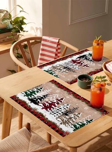 Christmas Tree Placemats Set of 4, Cotton Linen Vintage Wood Grain Table Mats Non-Slip Washable Different Xmas Trees Red Black Buffalo Plaid Placemat for Xmas Dining Kitchen Table Decor