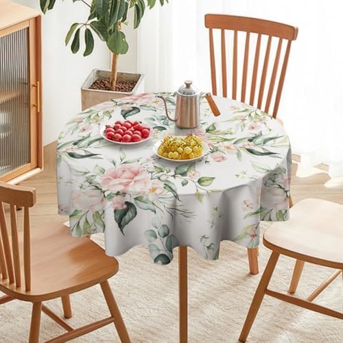 Pink Flowers Tablecloth, Watercolor Sage Green Eucalyptus Leaves Branches Floral Print Table Cloth for Picnic Party Dining Room Home Decor, 60x60in