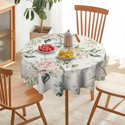 Pink Flowers Tablecloth, Watercolor Sage Green Eucalyptus Leaves Branches Floral Print Table Cloth for Picnic Party Dining Room Home Decor, 60x60in