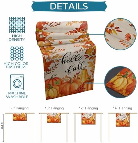 Fall Pumpkin Table Runner Dresser Scarf 16 x 72 Inch Harvest Orange Maple Leaves Table Runners Non-Slip Heat Resistant Kitchen Dining Table Decor for Autumn Thanksgiving Holidays Indoor Outdoor