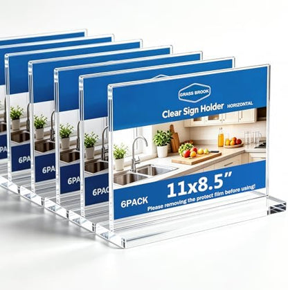 6 Pack 11x8.5 Clear Acrylic Sign Holder Stand, Horizontal Double-Sided Display, Stand By Straight or Tilted, Desktop Picture Frame, Menu Holder, Certificate Frame