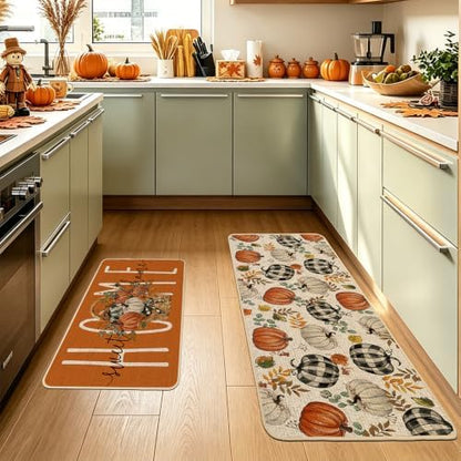 Baccessor Fall Pumpkin Basket Kitchen Rugs Set of 2,Thanksgiving Autumn Home Sweet Home Farmhouse Mat Washable Non Slip Low-Profile Indoor Floor Holiday Hallway Laundry Sink Decor 17x29 and 17x47 Inch