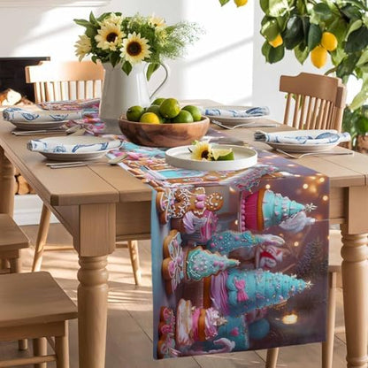 Christmas Table Runner Dresser Scarf 13 x 60 Inch Gingerbread House Gingerbread Man Cake Candy Table Runners Non-Slip Heat Resistant Kitchen Dining Table Decor for Home Holidays Indoor Outdoor