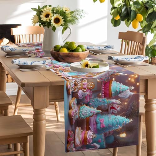 Christmas Table Runner Dresser Scarf 13 x 36 Inch Gingerbread House Gingerbread Man Cake Candy Table Runners Non-Slip Heat Resistant Kitchen Dining Table Decor for Home Holidays Indoor Outdoor
