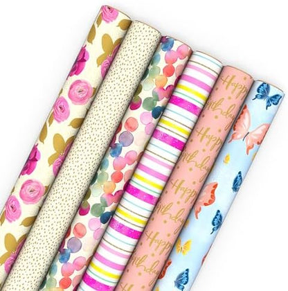 Hallmark Pretty Wrapping Paper with Cutlines on Reverse (6 Rolls: 180 Square Feet Total) Flowers, Butterflies, Stripes, Dots for Birthdays, Mother's Day, Valentine's Day