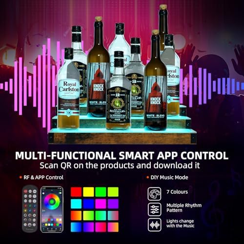 16 Inch LED Lighted Liquor Bottle Display Shelf, 3 Tiers Illuminated Bar Shelf with RF & App Control, Light up Shelves 7 Colors Music Sync & Timing (3 Tier 16" Total Length)