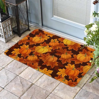 Fall Door Mat Orange Harvest Pumpkin Doormat Autumn Maple Leaf Harvest Thanksgiving Welcome Mat Non Slip Rubber Entryway Front Rug Floor Mat for Indoor Outdoor Kitchen Autumn Holiday Home Decor 20x32