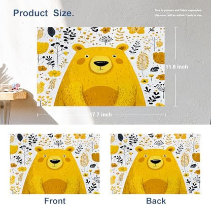 Batmerry Cute The Bear in Mineral Yellow Linen Placemats Set of 4, Floral Background Washable Table Mats for Kitchen Table Thickened Heat Insulation Dining Set Indoor Outdoor 12X18 in
