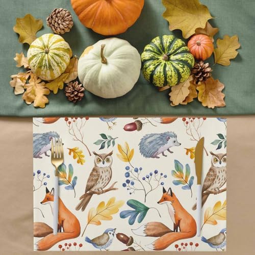 Fall Placemats Set of 4, Autumn Animal Place Mats Owl Bird Fox Leaves Tablemats Harvest Thanksgiving Placemat Table Decoration for Kitchen Table Holiday Dinner Party Autumn Home Decor