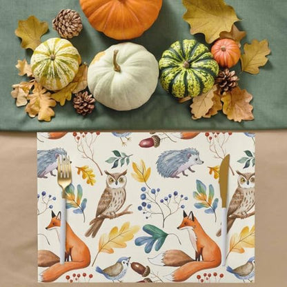 Fall Placemats Set of 4, Autumn Animal Place Mats Owl Bird Fox Leaves Tablemats Harvest Thanksgiving Placemat Table Decoration for Kitchen Table Holiday Dinner Party Autumn Home Decor