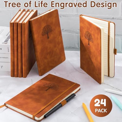 Qeeenar 24 Pack Leather Journals Bulk A5 Hardcover Notebooks, Brown