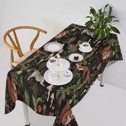 Cartoon Woodland Tablecloth, Watercolor Rustic Forest Wild Animals Bunny Rabbit Squirrel Mushroom Plants Print Table Cloth for Indoor Outdoor Dining Table Party Picnic Decor 60x90in