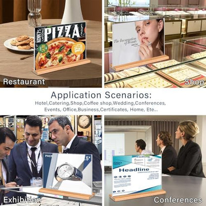 Kersally Acrylic Sign Holder 6 x 4, 4 Pack Double-Sided Clear Table Display Stands with Wood Base,Horizontal Acrylic Frame Menu Flyer Paper Holder for Store, Restaurant, Hotel, Office, Show Fair