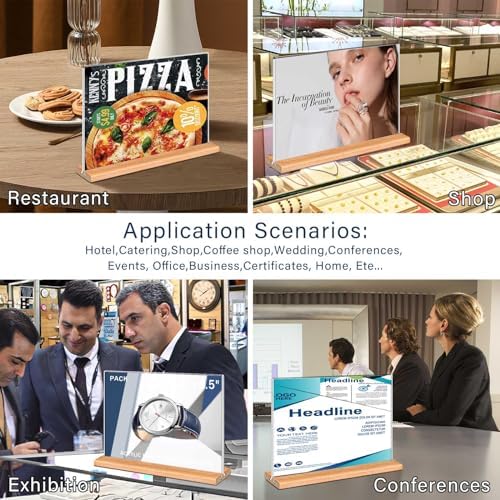 Kersally Acrylic Sign Holder 6 x 4, 6 Pack Double-Sided Clear Table Display Stands with Wood Base,Horizontal Acrylic Frame Menu Flyer Paper Holder for Store, Restaurant, Hotel, Office, Show Fair