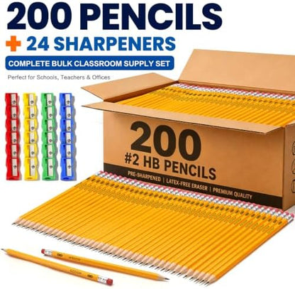 Pre-Sharpened Pencils Bulk Wood-Cased #2 HB Pencils 200 Count 24 Sharpeners