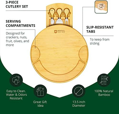 ROYAL CRAFT WOOD Bamboo Cheese Large Round Board and Knife Set with Charcuterie Board & Serving Tray Non - Expandable