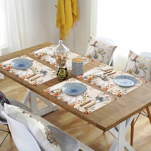 Fall Floral Leaves Placemats Set of 6, Thanksgiving Pumpkins Heat Resistant Washable Table Place Mats Boho Cotton Table Linens Party Holiday Decorations for Home Kitchen Dining Table Outdoor Indoor,