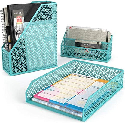 ARTEZA 6-Piece Teal Desk Accessories Set, Essential Desktop Organizer for Home Office, Includes Paper Organizer, Pencil Holder, Letter Sorter & More, Teal Office Supplies