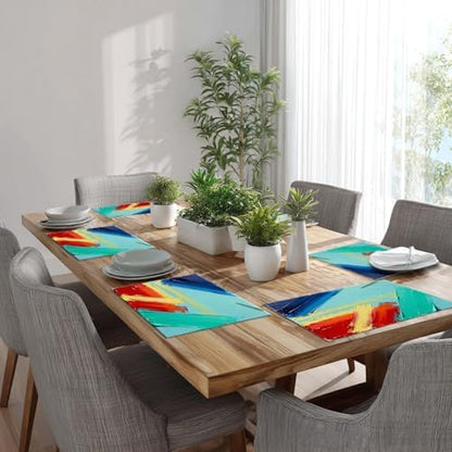 Batmerry Abstract Art Painting Linen Placemats Set of 8, Modern Colorful Texture Artwork Blue Washable Table Mats for Kitchen Table Thickened Heat Insulation Dining Set Indoor Outdoor 12X18 in