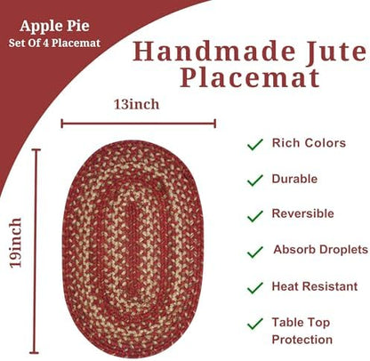 Homespice Apple Pie Jute Braided Placemats, Oval 13x19 Set of 4