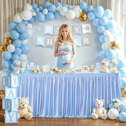 Wish Care 21ft Baby Blue Satin Long Table Skirt for Rectangle Tables Wrinkle Free Teacher Desk Skirt Glitter Ruffle Table Skirting Cloth for Back to School Classroom Office Birthday Party Table Decor