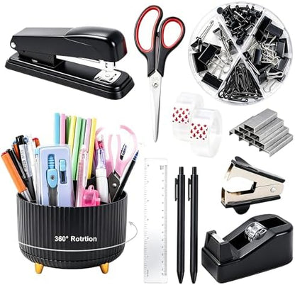 Gawsey Black Desk Organizers and Accessories with Desk Organizer 360° Rotating Pen Holder and Office Supplies, Cute Stationery Supplies Set