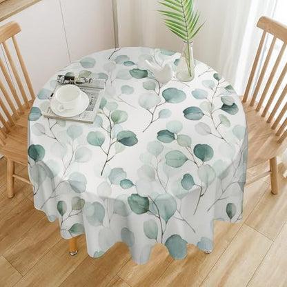 Eucalyptus Leaf Tablecloth, Spring Botanical Sage Green Watercolor Floral Plant Branches Print Table Cloth for Home Kitchen Dining Outdoor Patio Wedding Decor, 70x70in