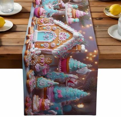 Christmas Table Runner Dresser Scarf 13 x 60 Inch Gingerbread House Gingerbread Man Cake Candy Table Runners Non-Slip Heat Resistant Kitchen Dining Table Decor for Home Holidays Indoor Outdoor