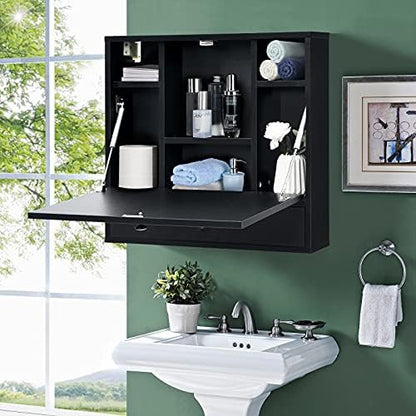 COSTWAY Wall-Mounted Computer Desk, Floating Desk with Storage Drawer & Shelves, Fold-up Desktop & Pneumatic Springs, Ideal for Home, Office, Dormitory, Small Spaces (Black)