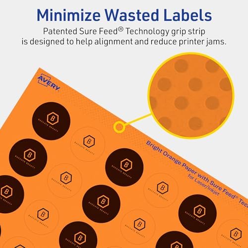 Avery Printable Round Labels, Sure Feed Technology, 1" Diameter, Bright Orange Labels, Print-to-the-Edge, Laser/Inkjet, 480 Total, Great for Price Stickers and Mailing Seals