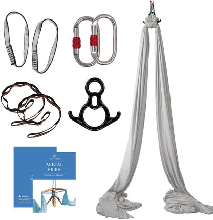 Aerial Silks Starter Kit - Durable 9 Yards of Aerial Yoga Hammock with Hardware & Guide - Aerial Swing for Acrobatic Flying Yoga & All Levels (Aerial Rigging Point Up to 13ft)